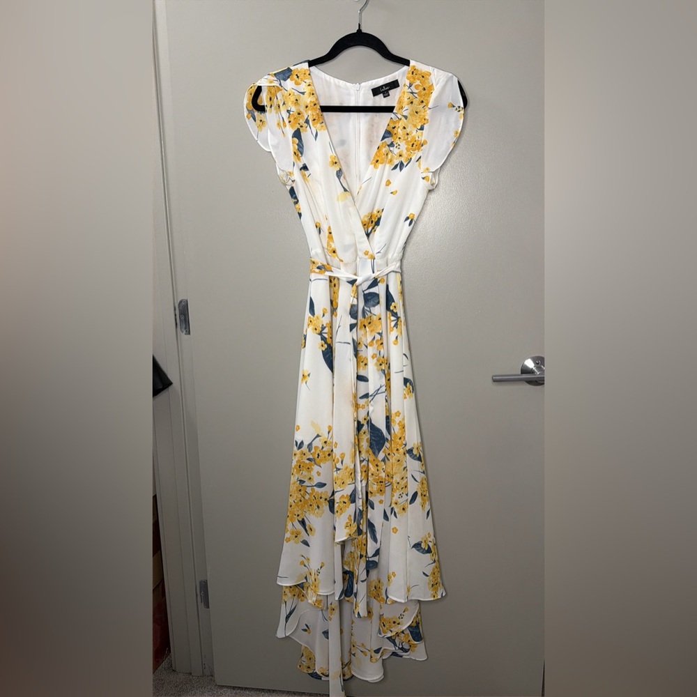 Lulu's White Floral Wrap Maxi Dress with Yellow Blooms